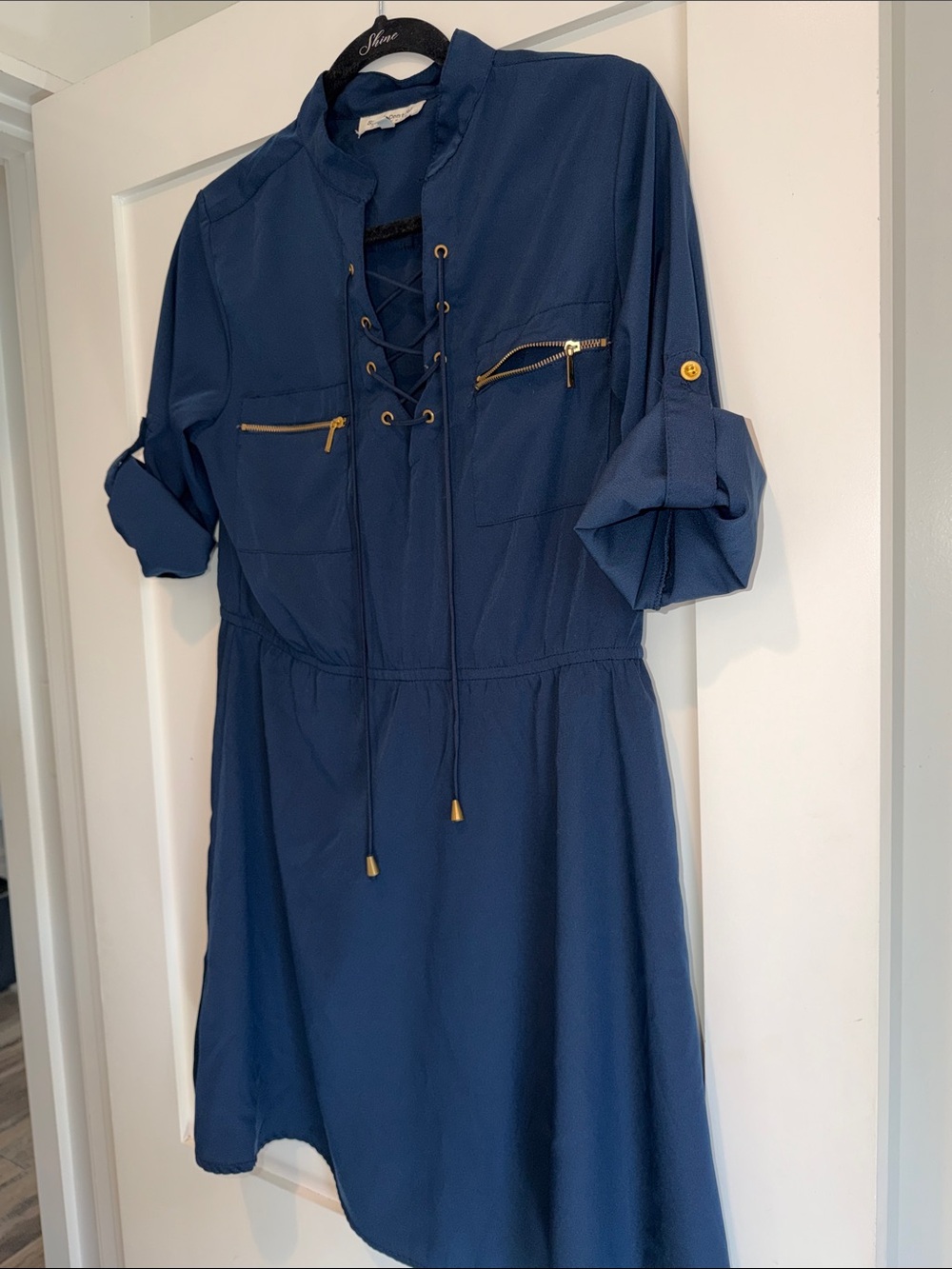 Speed Control Navy Lace-Up Shirt Dress with Gold Hardware